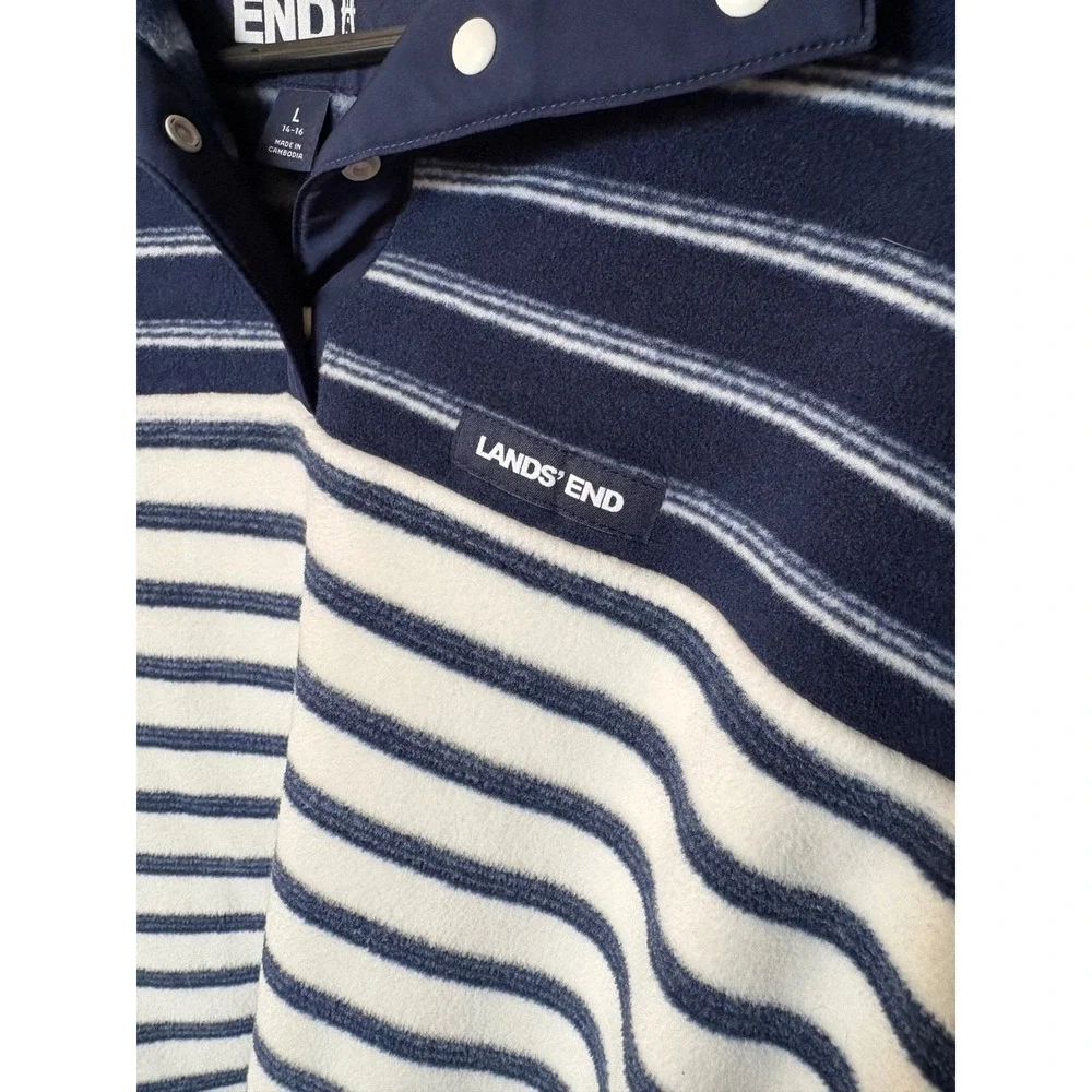 Lands End Womens Navy White Striped Fleece Snap Neck Pullover Sweatshirt Large - Picture 2 of 6
